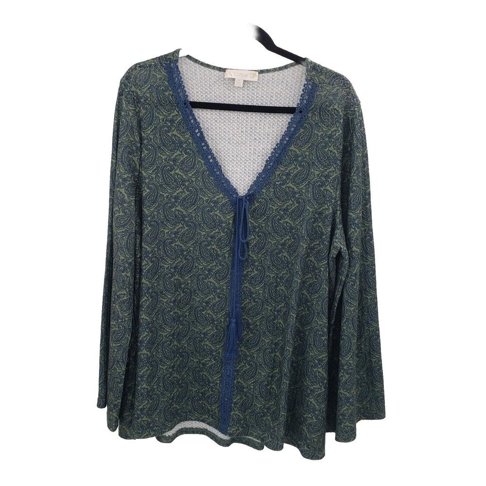 Weekend Suzanne Betro 1x Paisley Knit Peasant Tunic Top Green Blue Lace Tassel
